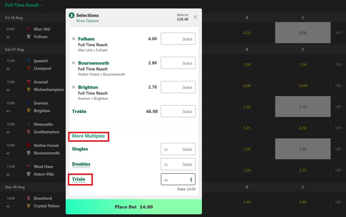 example of a premier league football trixie bet at bet365 showing where to click to see the trixie bet option and place it)